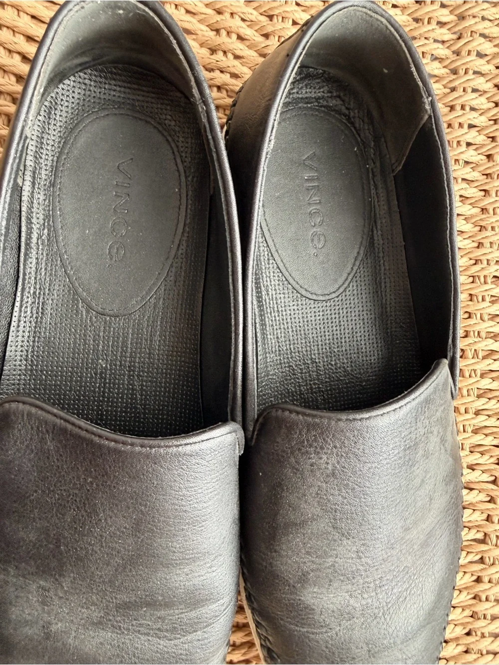Vince Black Leather Slip-On Loafers with Whipstitch Detail